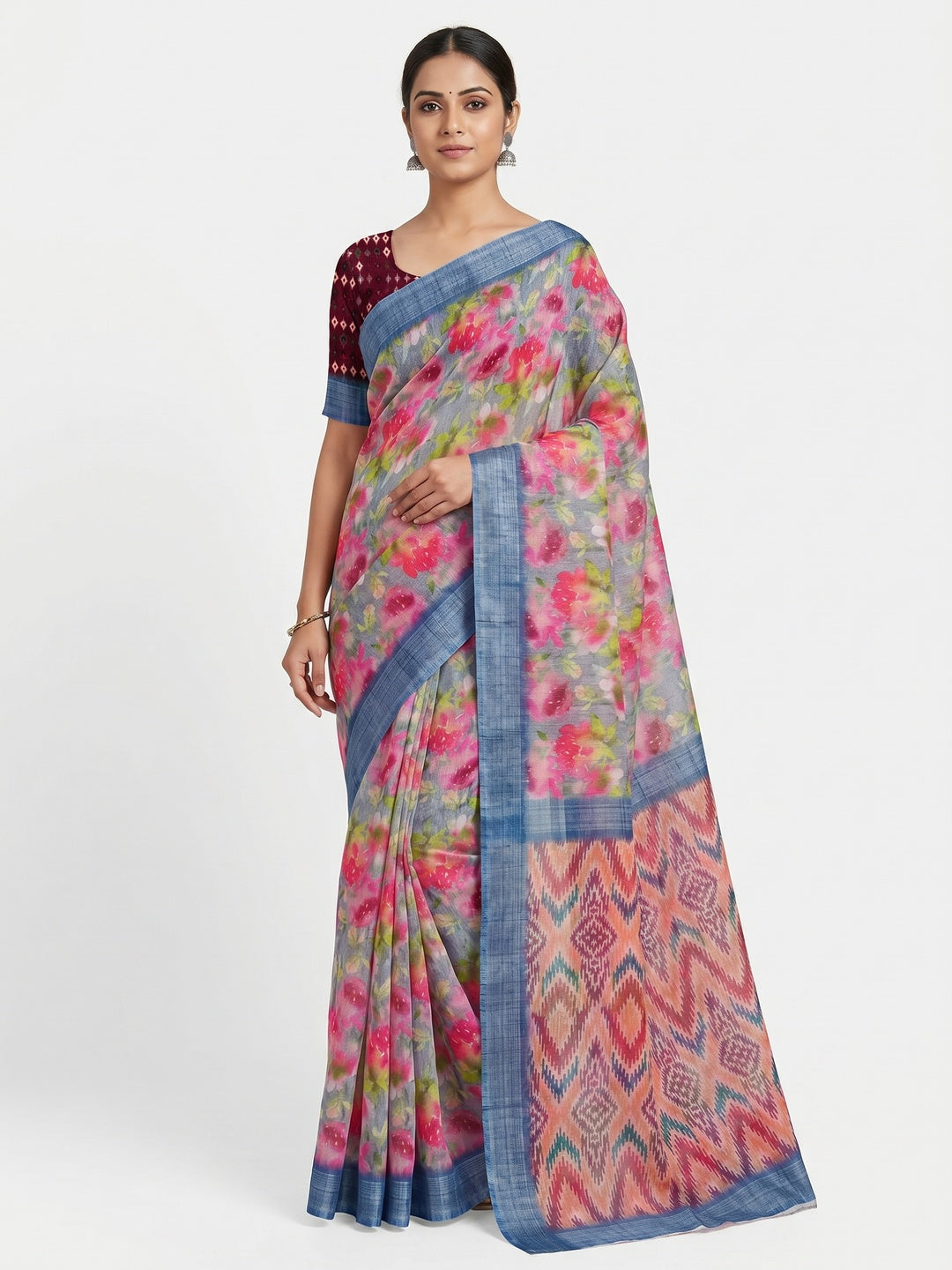 Grey Digital Printed Linen Saree - Image 1