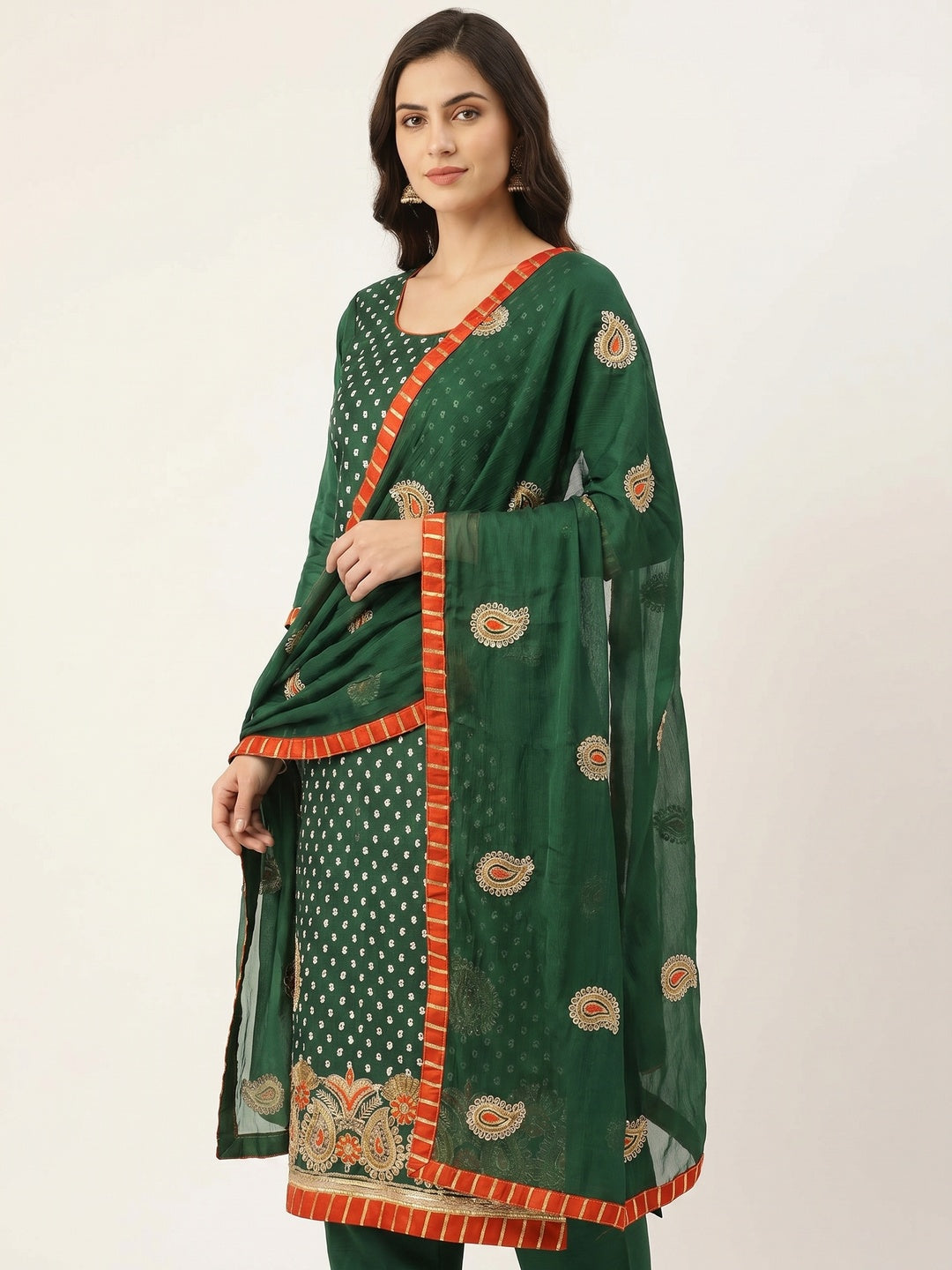 Green Embroidered With Embellished Chanderi Dress Material - Image 2