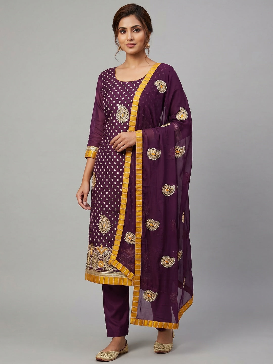 Wine Embroidered With Embellished Chanderi Dress Material - Image 1