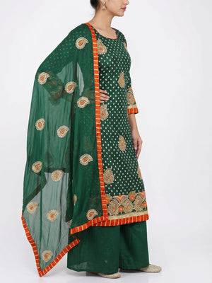 Green Embroidered With Embellished Chanderi Dress Material - Image 1