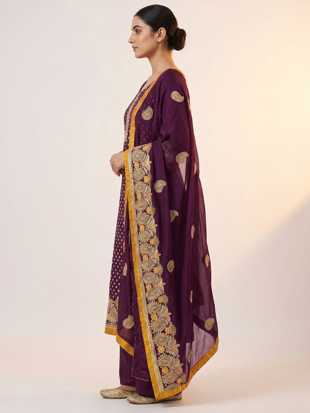 Wine Embroidered With Embellished Chanderi Dress Material - Image 3