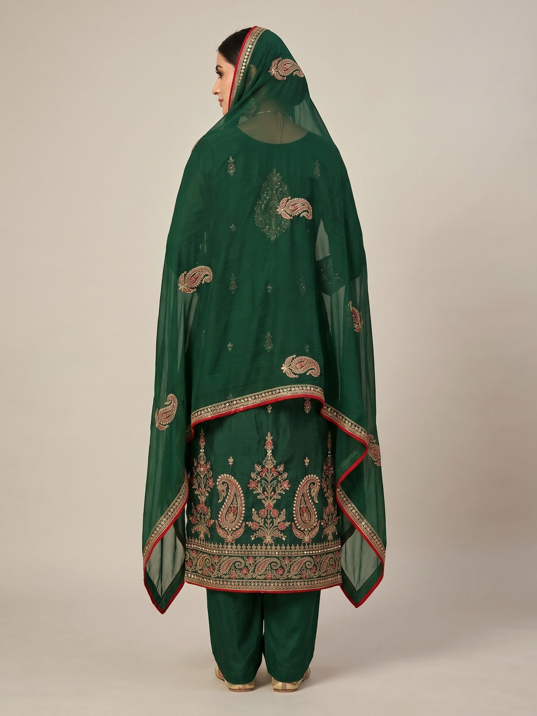 Green Embroidered With Embellished Chanderi Dress Material - Image 3