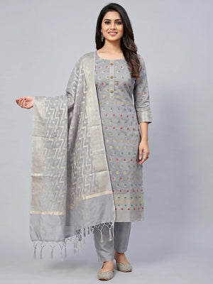 Grey Embroidered With Woven Banarasi Silk Dress Material - Image 1