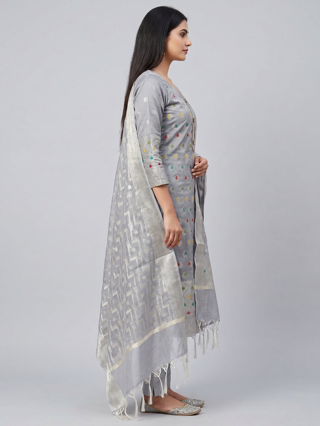 Grey Embroidered With Woven Banarasi Silk Dress Material - Image 3