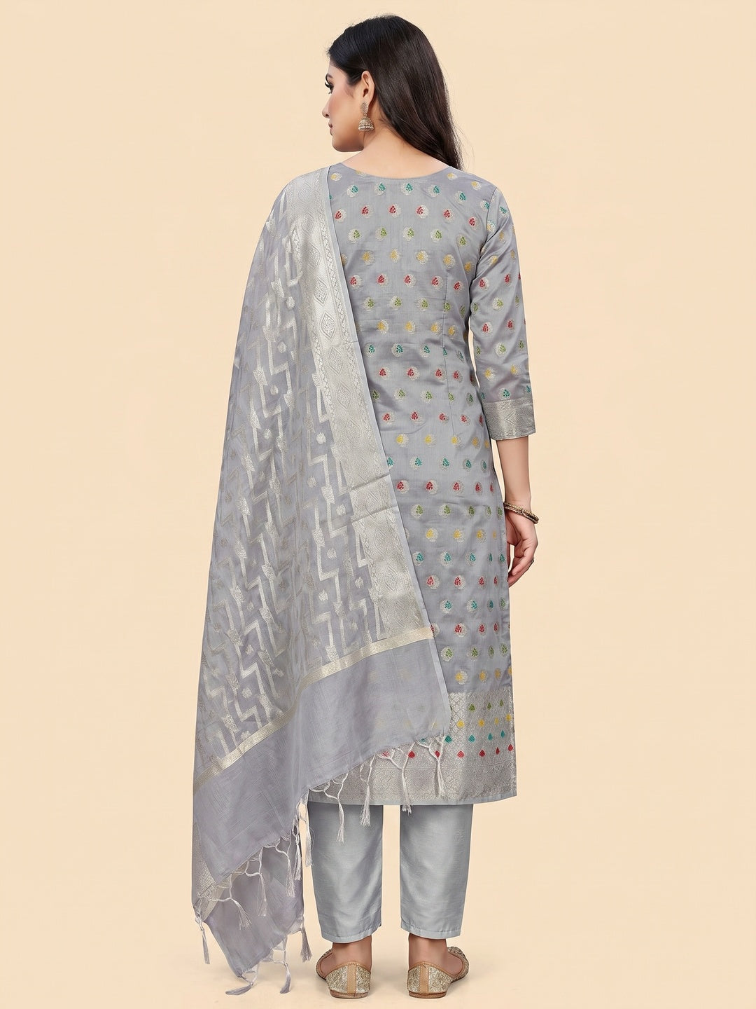 Grey Embroidered With Woven Banarasi Silk Dress Material - Image 2