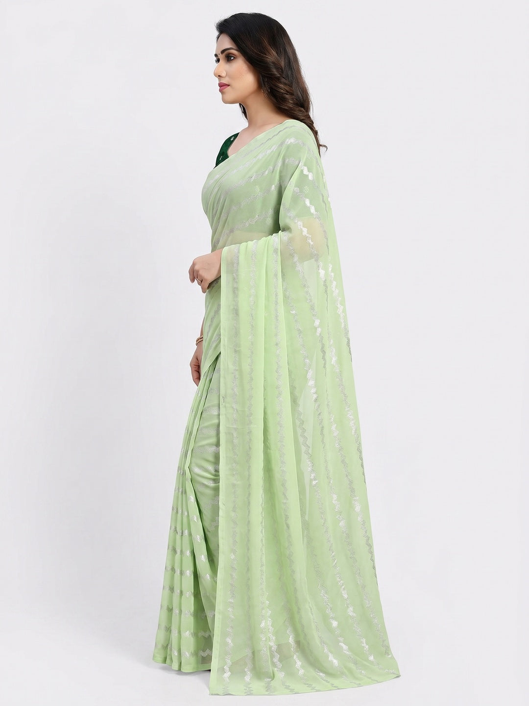 Green Foil Printed Georgette Saree - Image 3