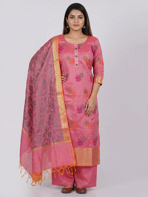 Pink Floral Embroidered Banarasi Silk Dress Material - Image 1