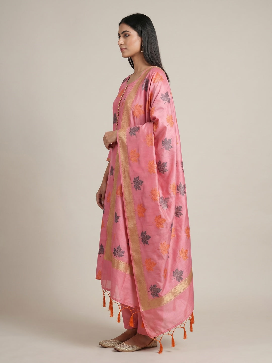 Pink Floral Embroidered Banarasi Silk Dress Material - Image 2