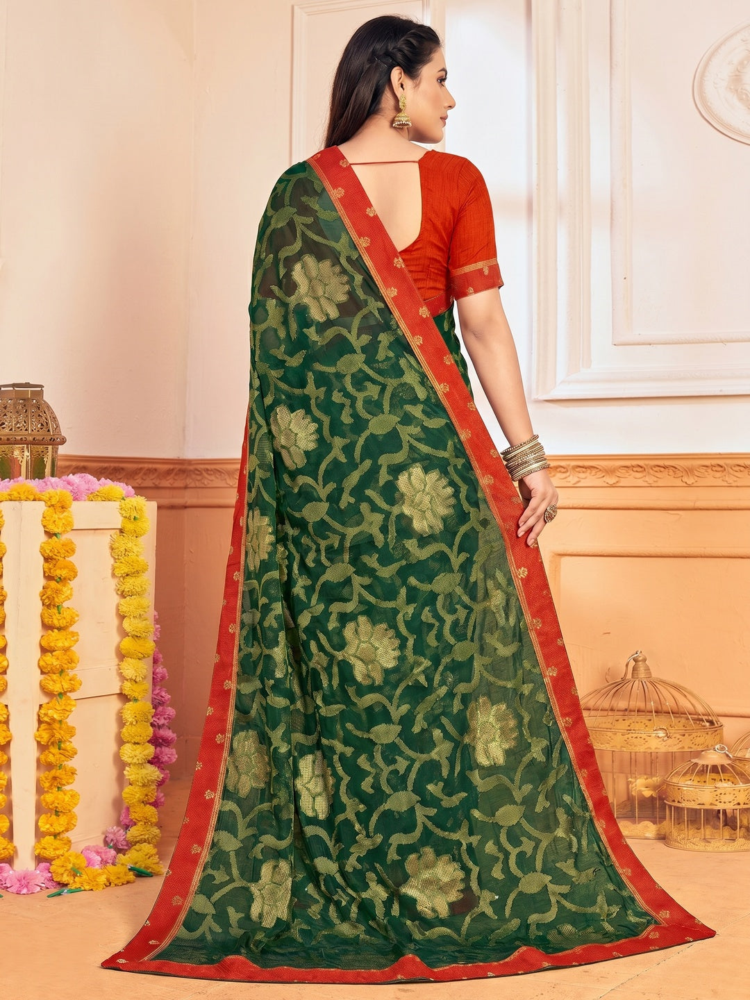 Bottle Green Woven Brasso Saree - Image 1