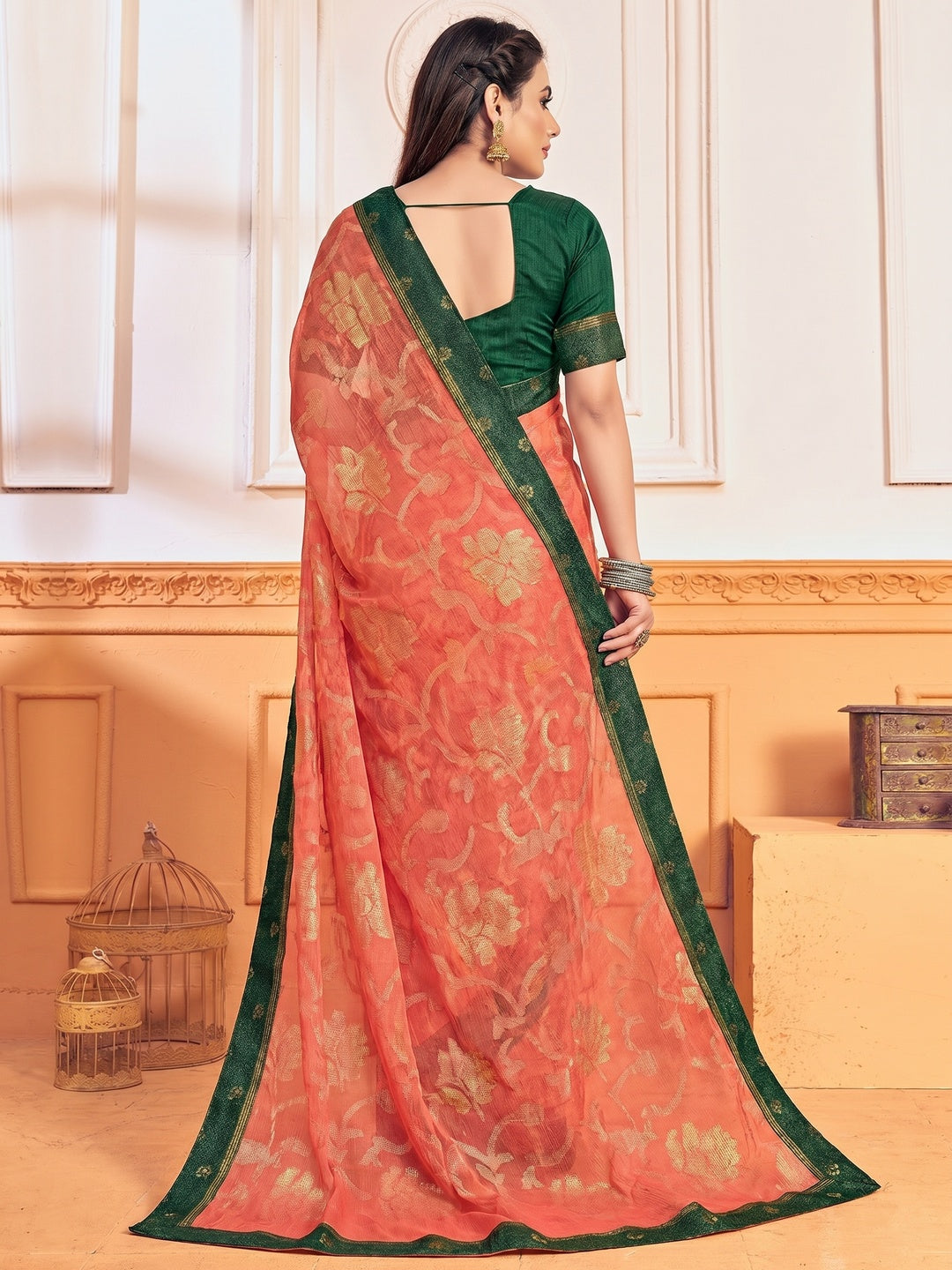 Salmon Pink Woven Brasso Saree - Image 1