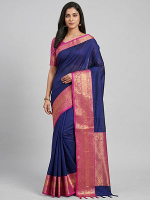 Navy Blue Woven Cotton Silk Saree - Image 1