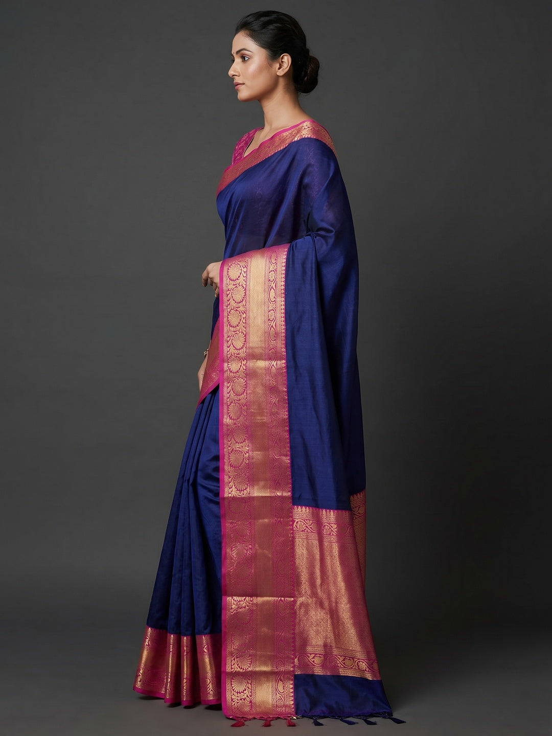 Navy Blue Woven Cotton Silk Saree - Image 2