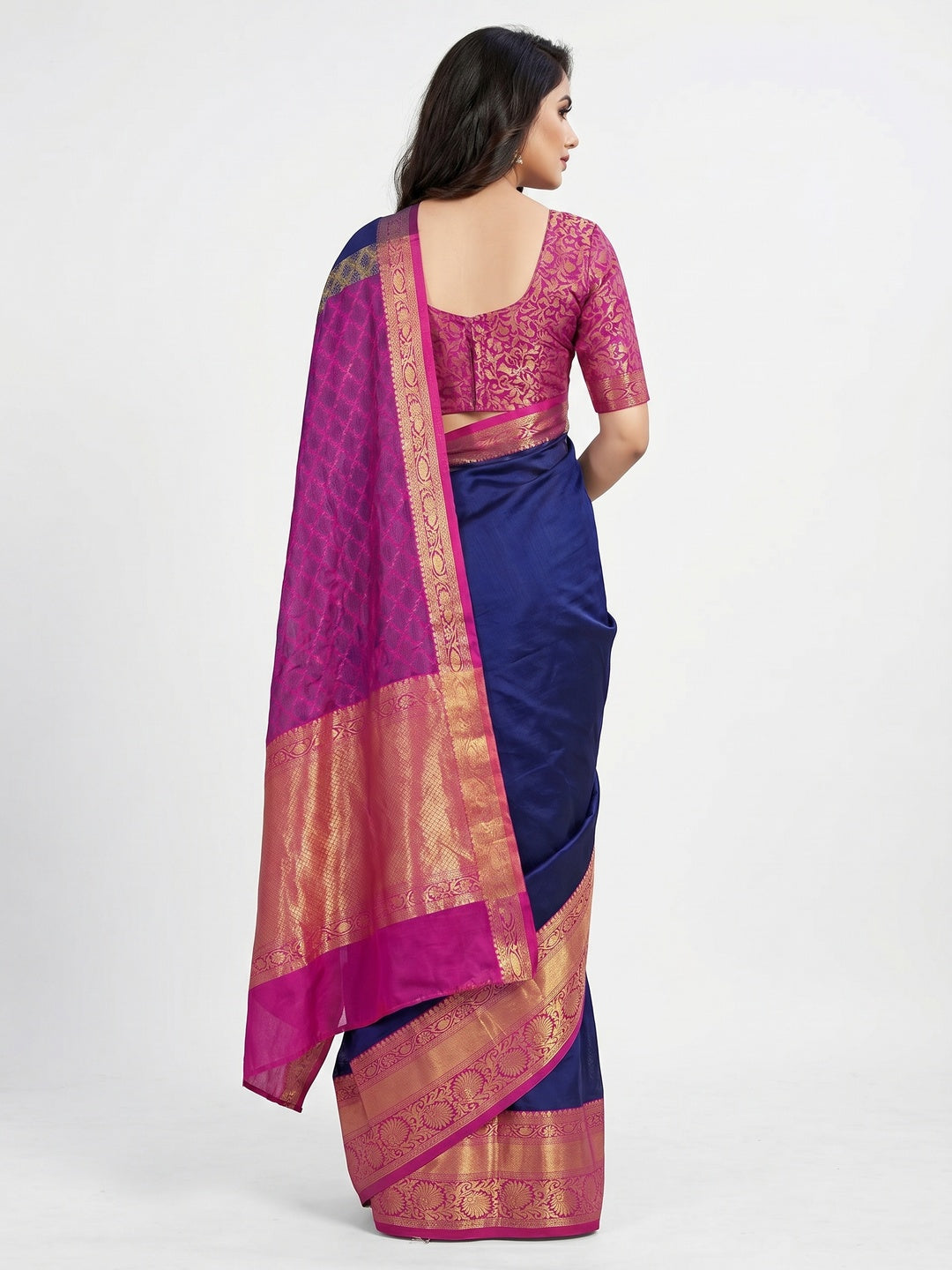 Navy Blue Woven Cotton Silk Saree - Image 3
