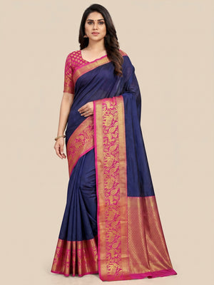 Navy Blue Woven Cotton Silk Saree - Image 1
