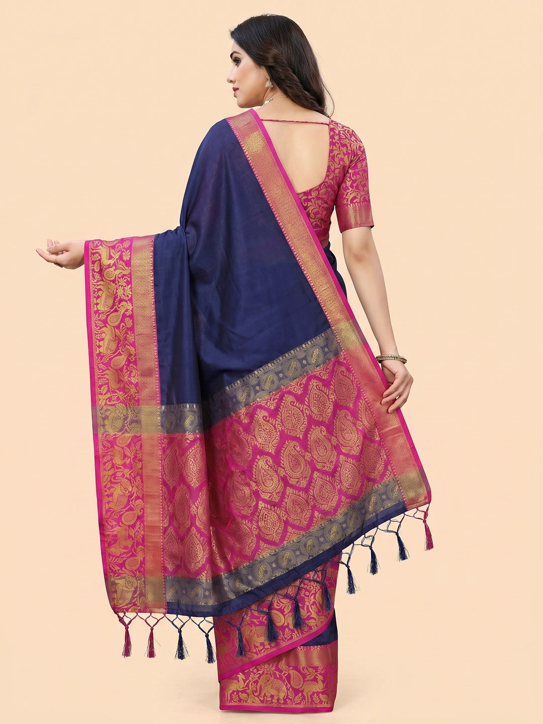 Navy Blue Woven Cotton Silk Saree - Image 3