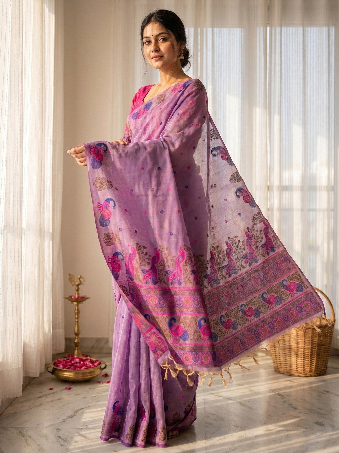 Elegant Purple Cotton Blend Saree with Traditional Peacock Woven Motifs - Image 1