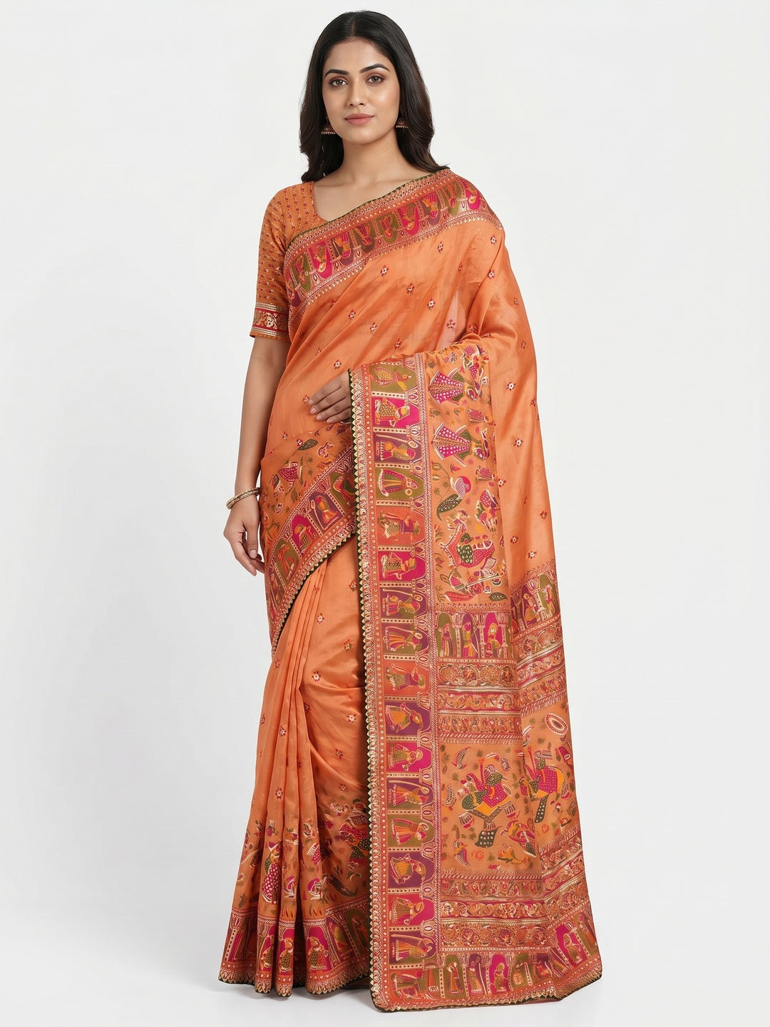 Orange Kalamkari Woven Chanderi Saree - Image 1