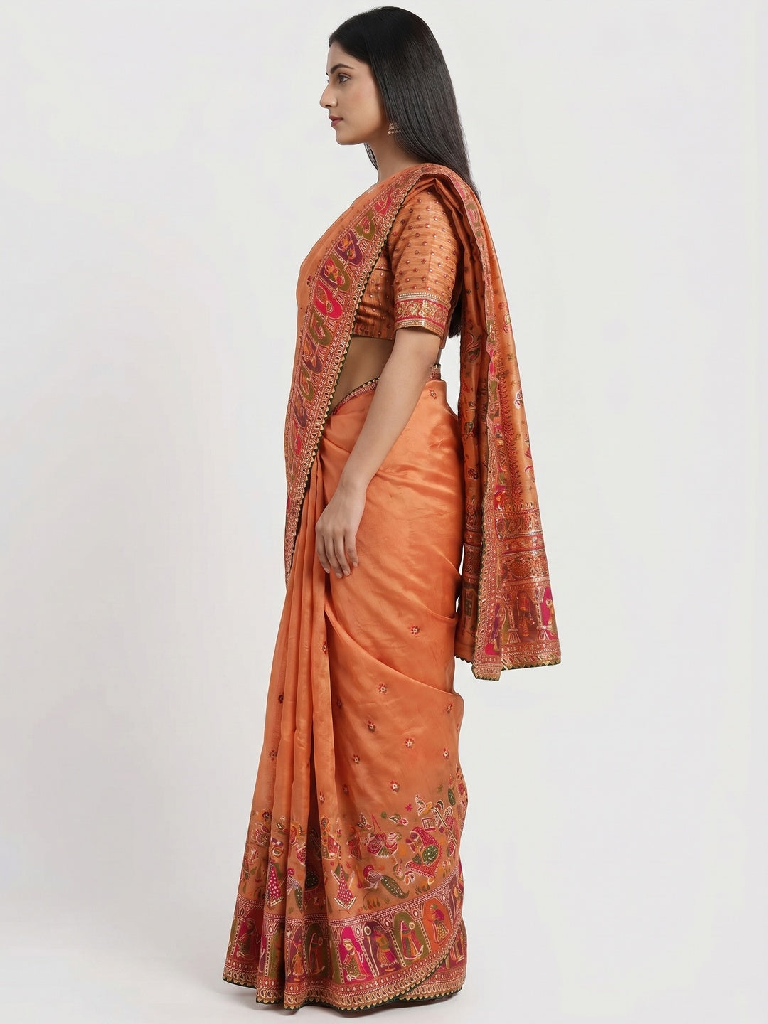 Orange Kalamkari Woven Chanderi Saree - Image 3