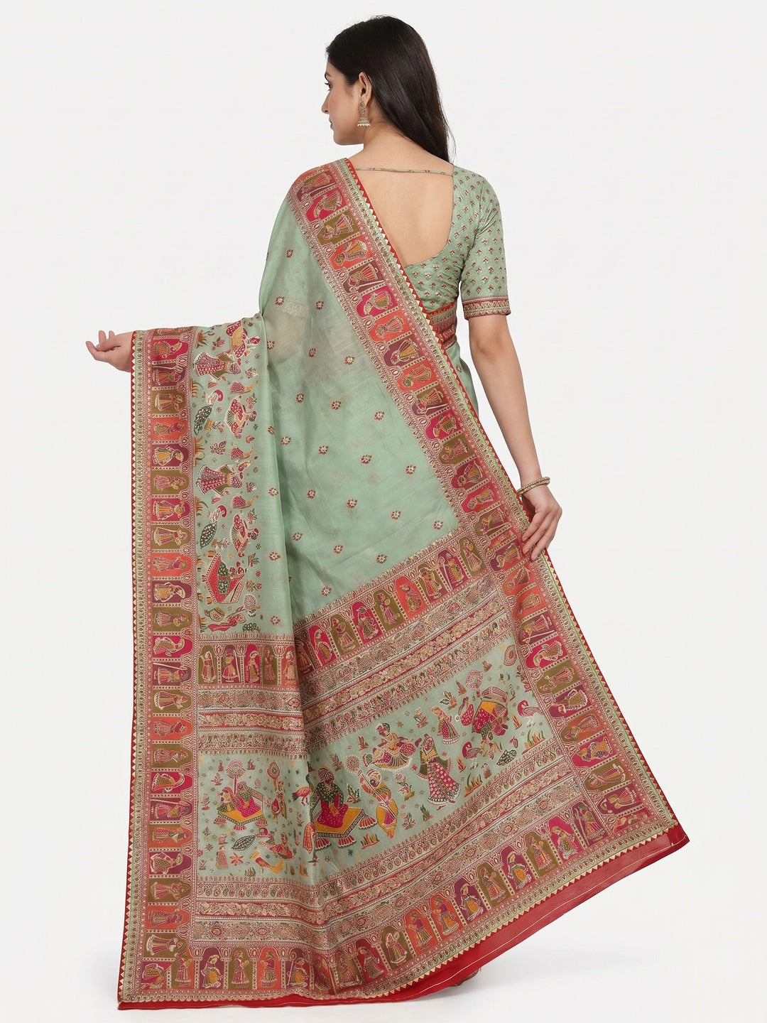 Green Kalamkari Woven Chanderi Saree - Image 3