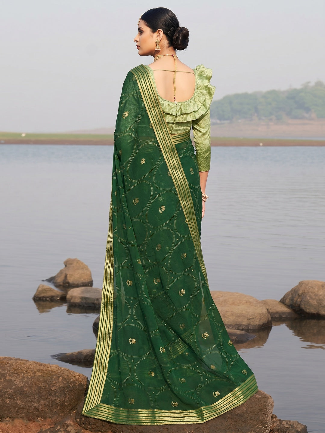 Green Woven Chiffon Saree - Image 1