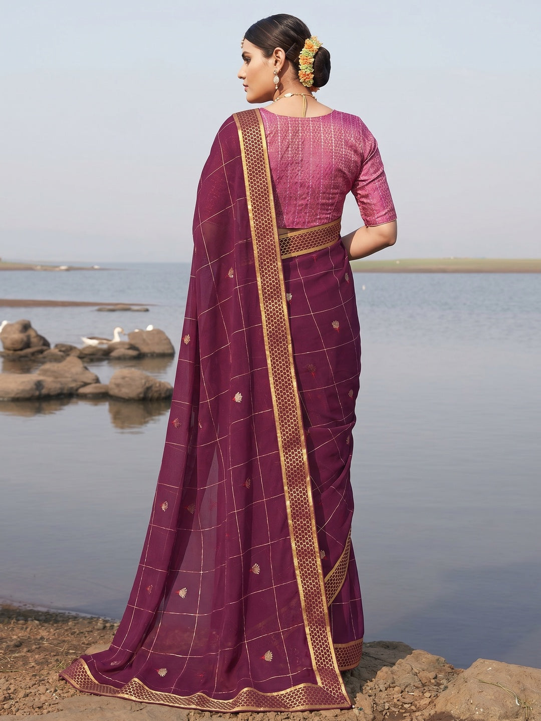Purple Woven Chiffon Saree - Image 1