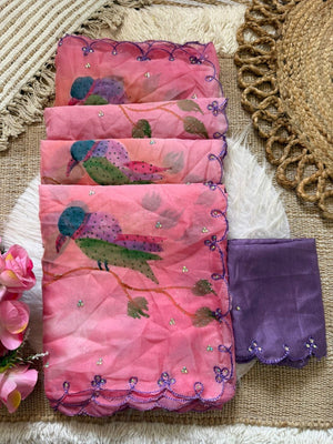 Elegant Pink Organza Saree with Bird Print and Scalloped Border - Image 2