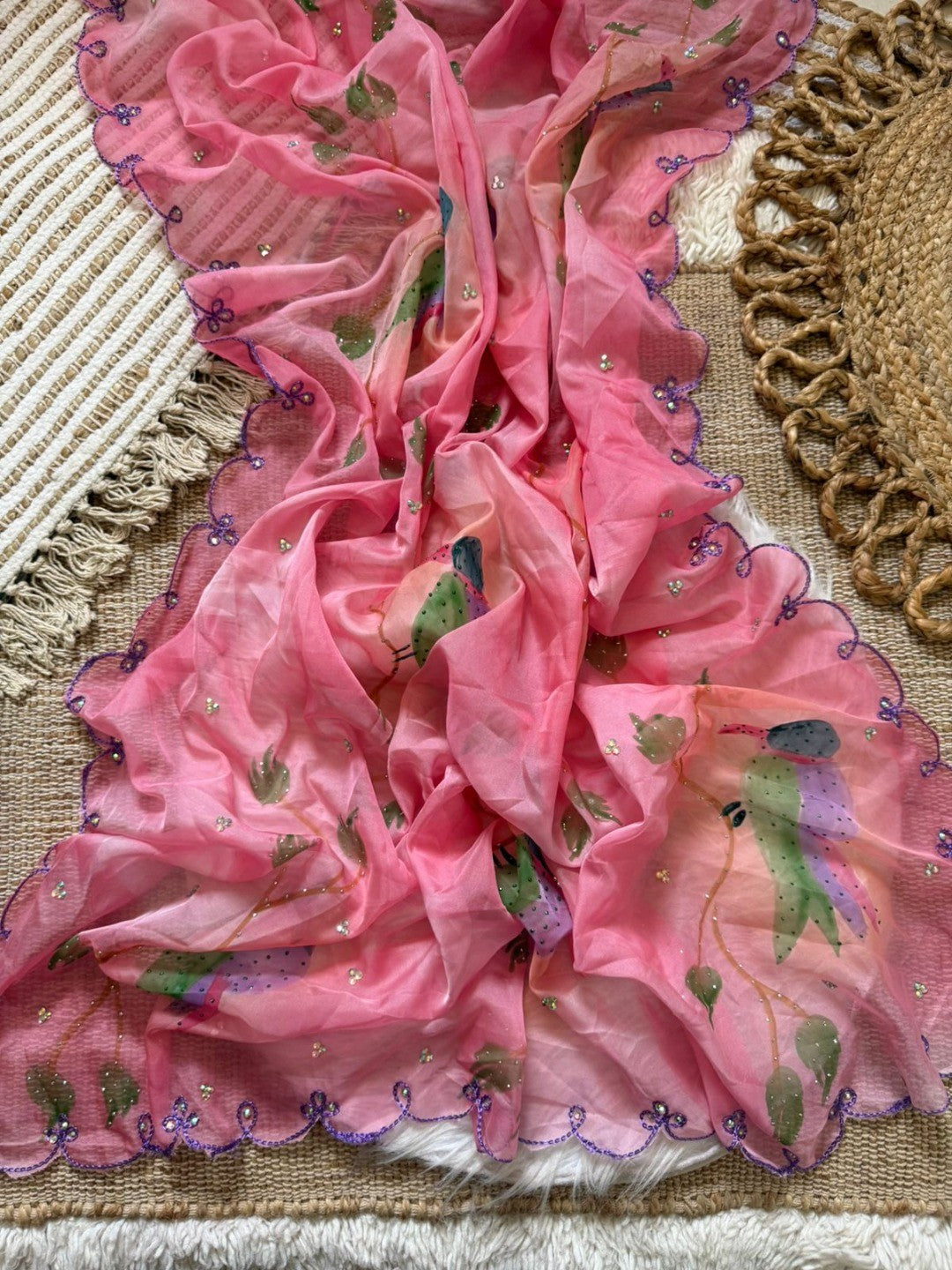 Elegant Pink Organza Saree with Bird Print and Scalloped Border - Image 4