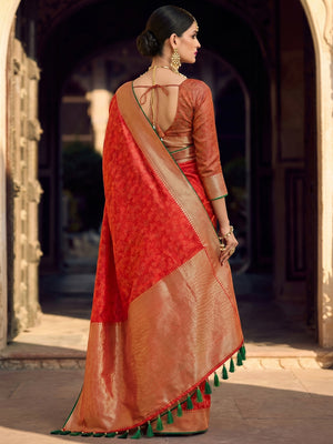 Red Woven Art Silk Saree With Tassels - Image 1