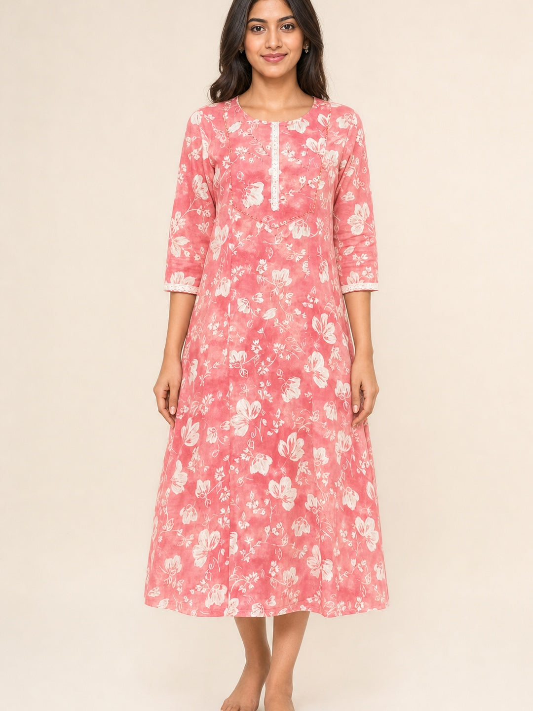 Pink Floral Printed Pure Cotton A-Line Kurti - Image 2