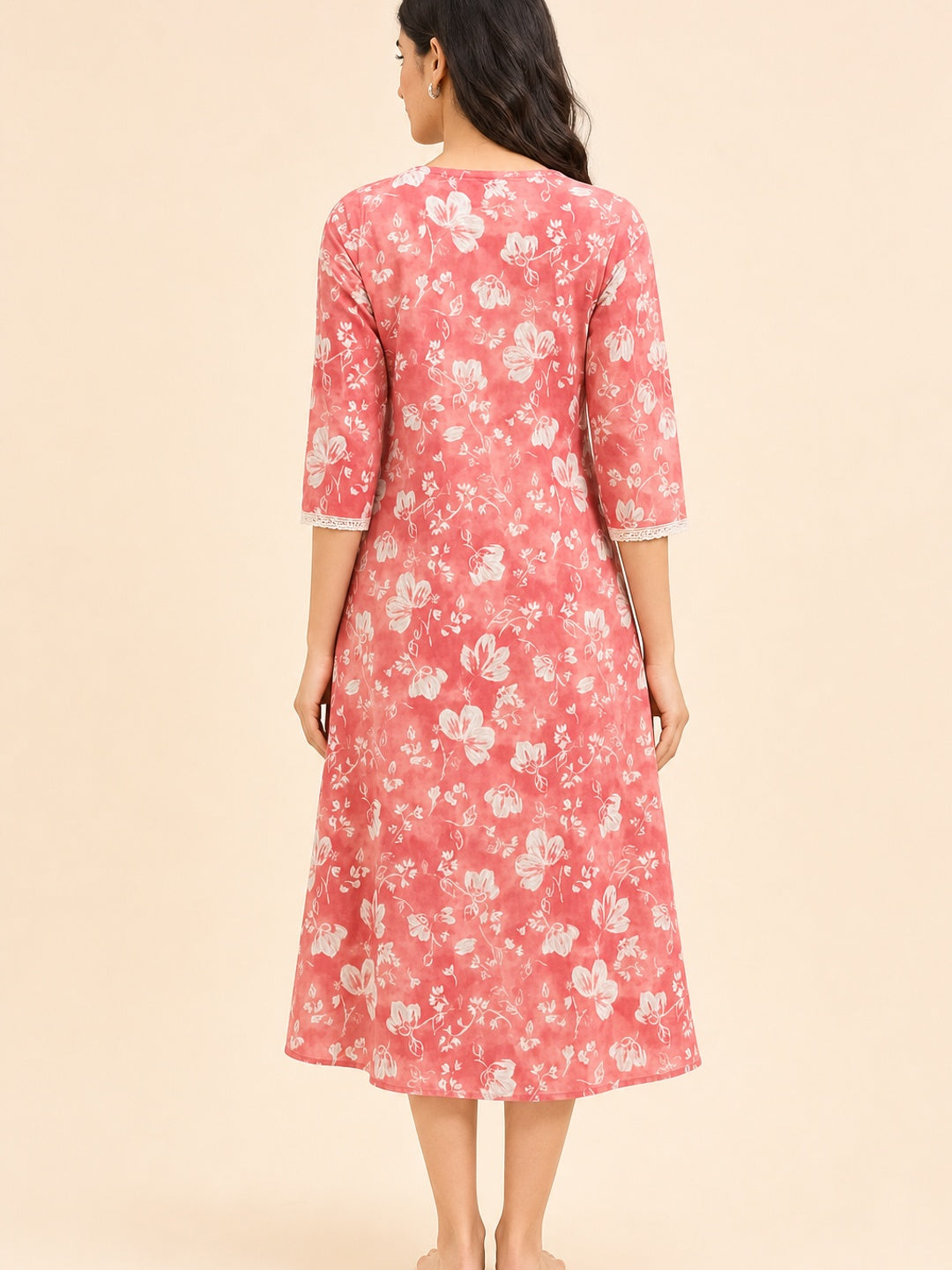 Pink Floral Printed Pure Cotton A-Line Kurti - Image 3