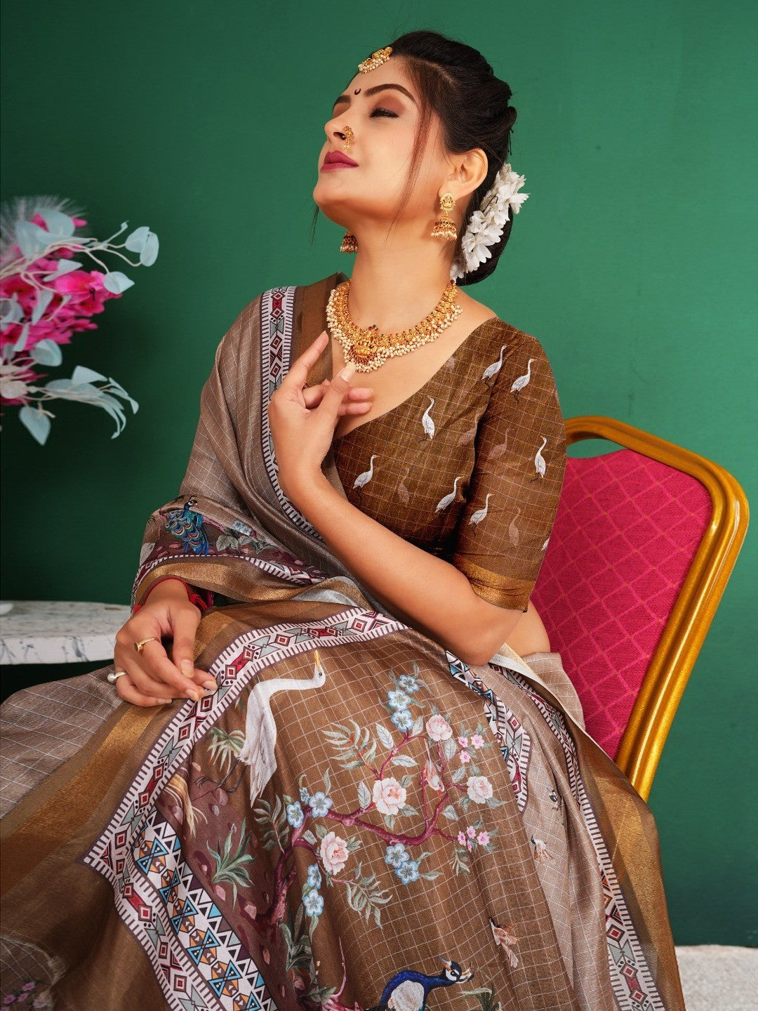 Majestic Brown Floral Saree With Peacock & Crane Digital Printed Artwork On Dola Silk - Image 3