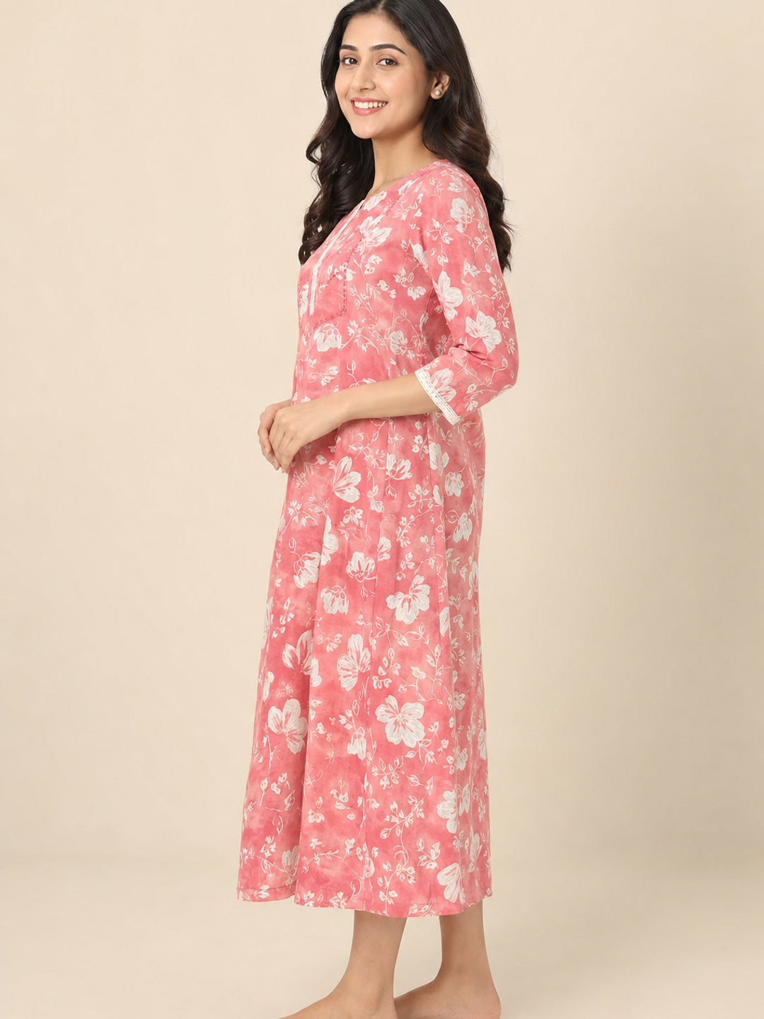 Pink Floral Printed Pure Cotton A-Line Kurti - Image 4