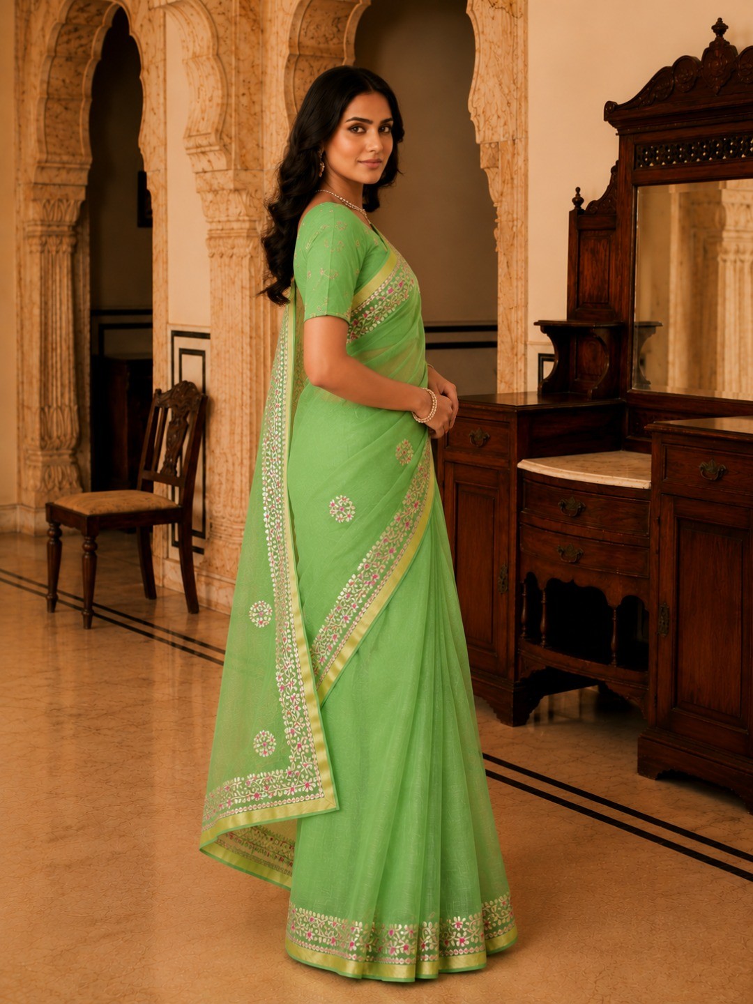 Graceful Green Kota Doria Saree With Delicate Floral Gota Patti & Zari Border - Image 3