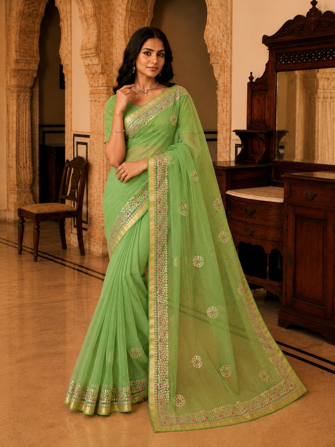 Graceful Green Kota Doria Saree With Delicate Floral Gota Patti & Zari Border - Image 4