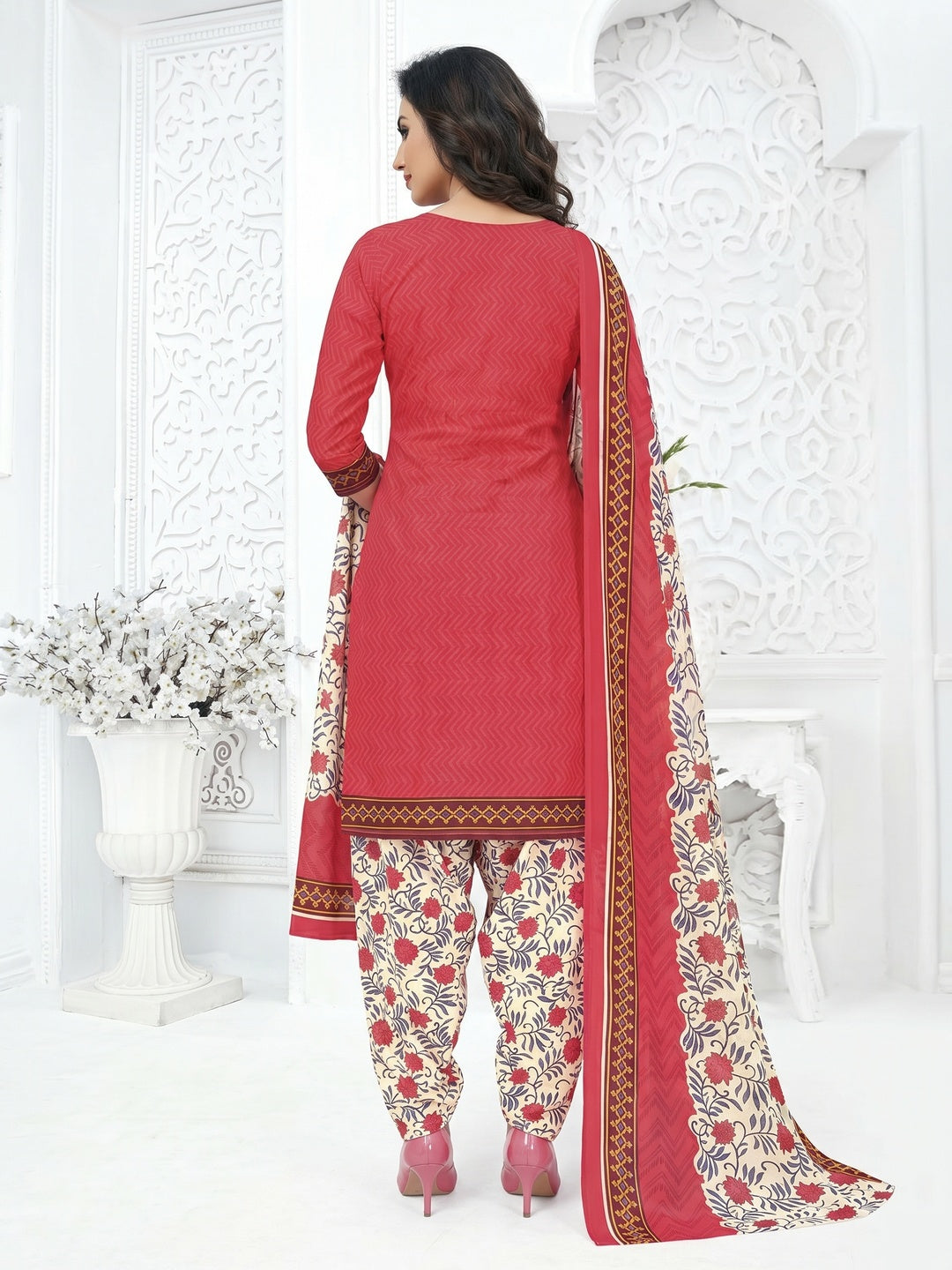 Pink Printed Pure Cotton Stitched Patiala Suit - Image 1
