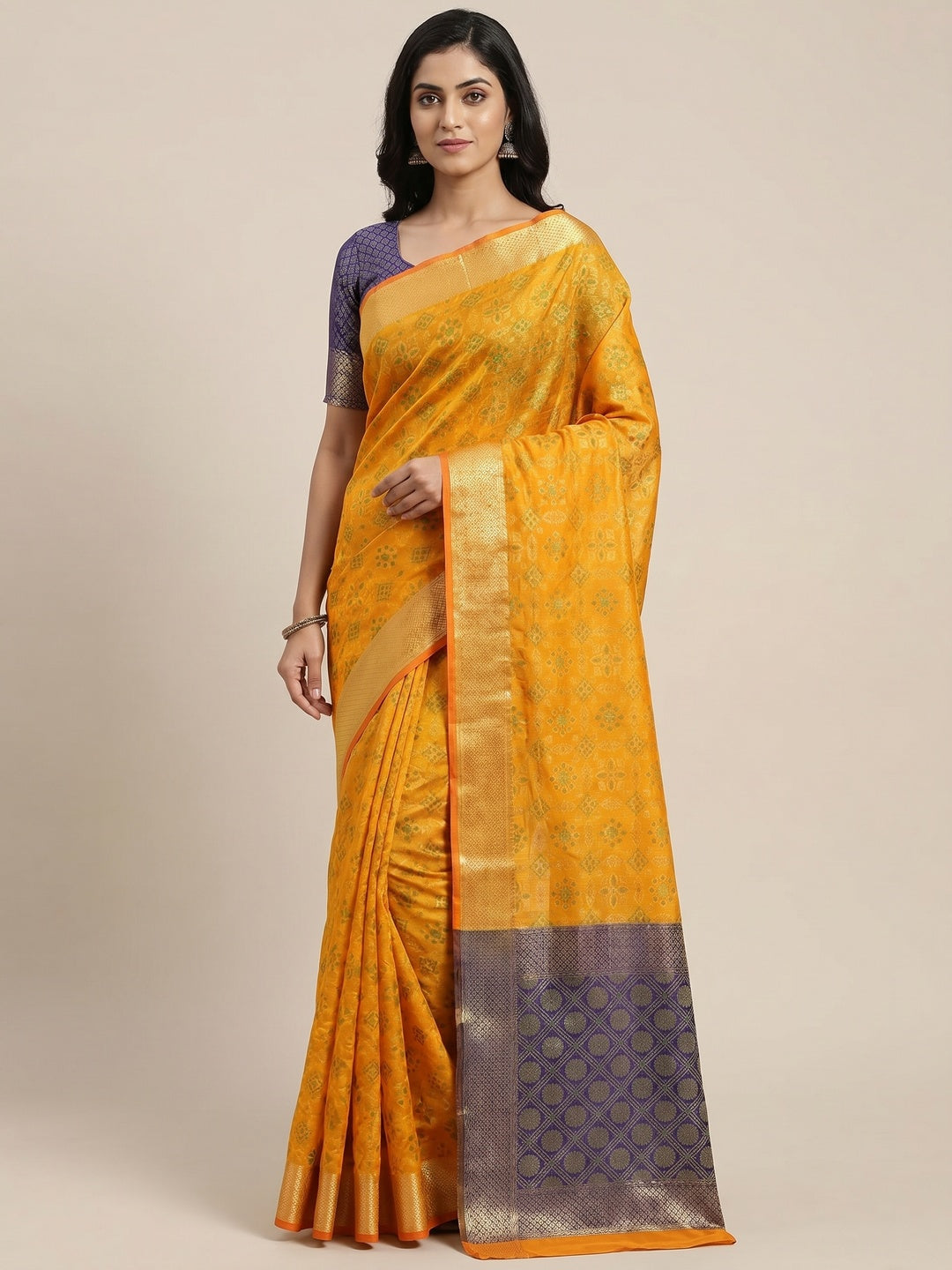 Mustard-Yellow Woven Patola Art Silk Saree - Image 1
