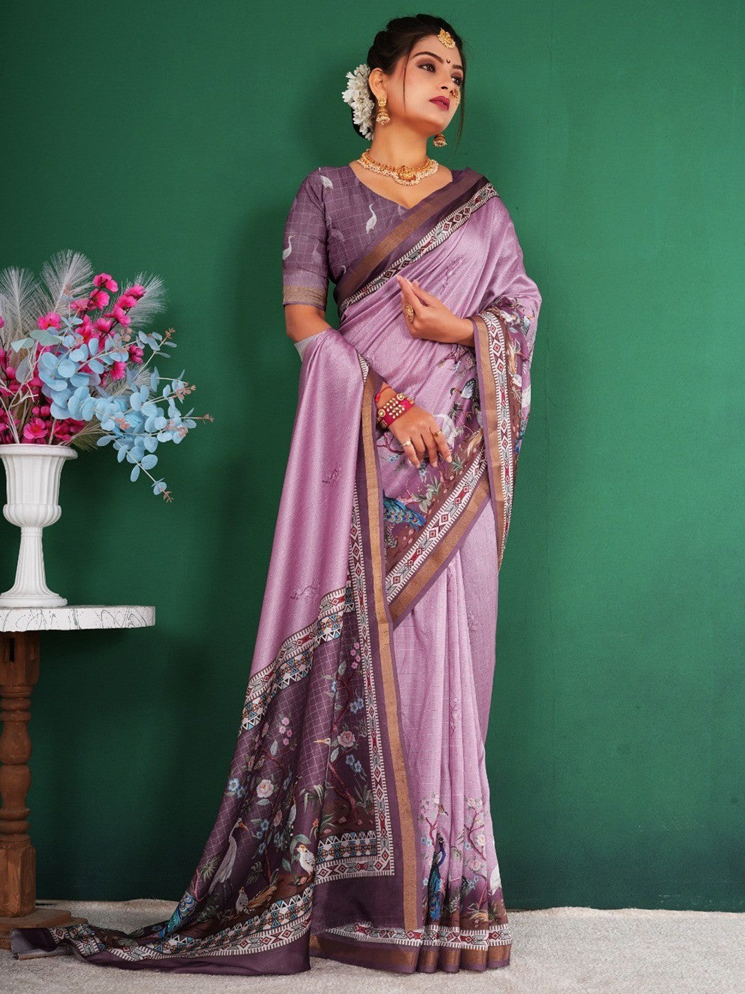 Majestic Lavender Floral Saree With Peacock & Crane Digital Printed Artwork On Dola Silk - Image 2