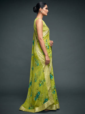 Green Floral Printed Georgette Saree - Image 1