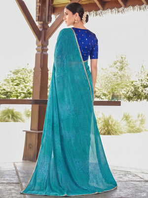 Blue Printed With Sequins Embroidered Border Georgette Saree - Image 1