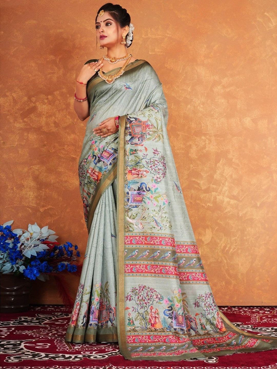 Traditional Sage Green Elephant & Floral Heritage Digital Printed Dola Silk Saree With Zari Border - Image 1