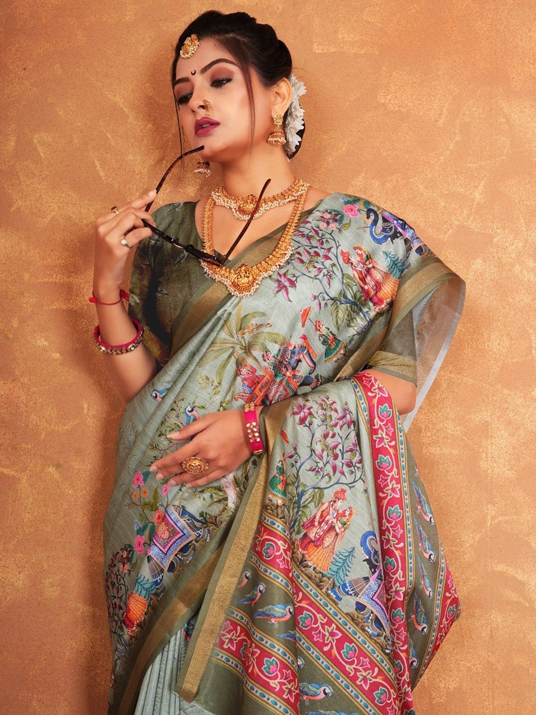 Traditional Sage Green Elephant & Floral Heritage Digital Printed Dola Silk Saree With Zari Border - Image 3