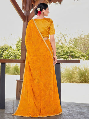 Yellow Printed With Sequins Embroidered Border Georgette Saree - Image 1