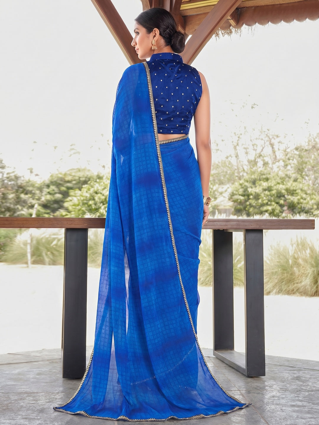 Blue Printed With Sequins Embroidered Border Georgette Saree - Image 2
