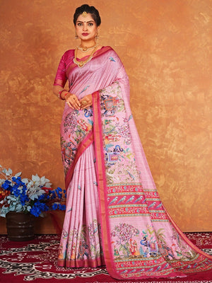 Traditional Pink Elephant & Floral Heritage Digital Printed Dola Silk Saree With Zari Border - Image 1