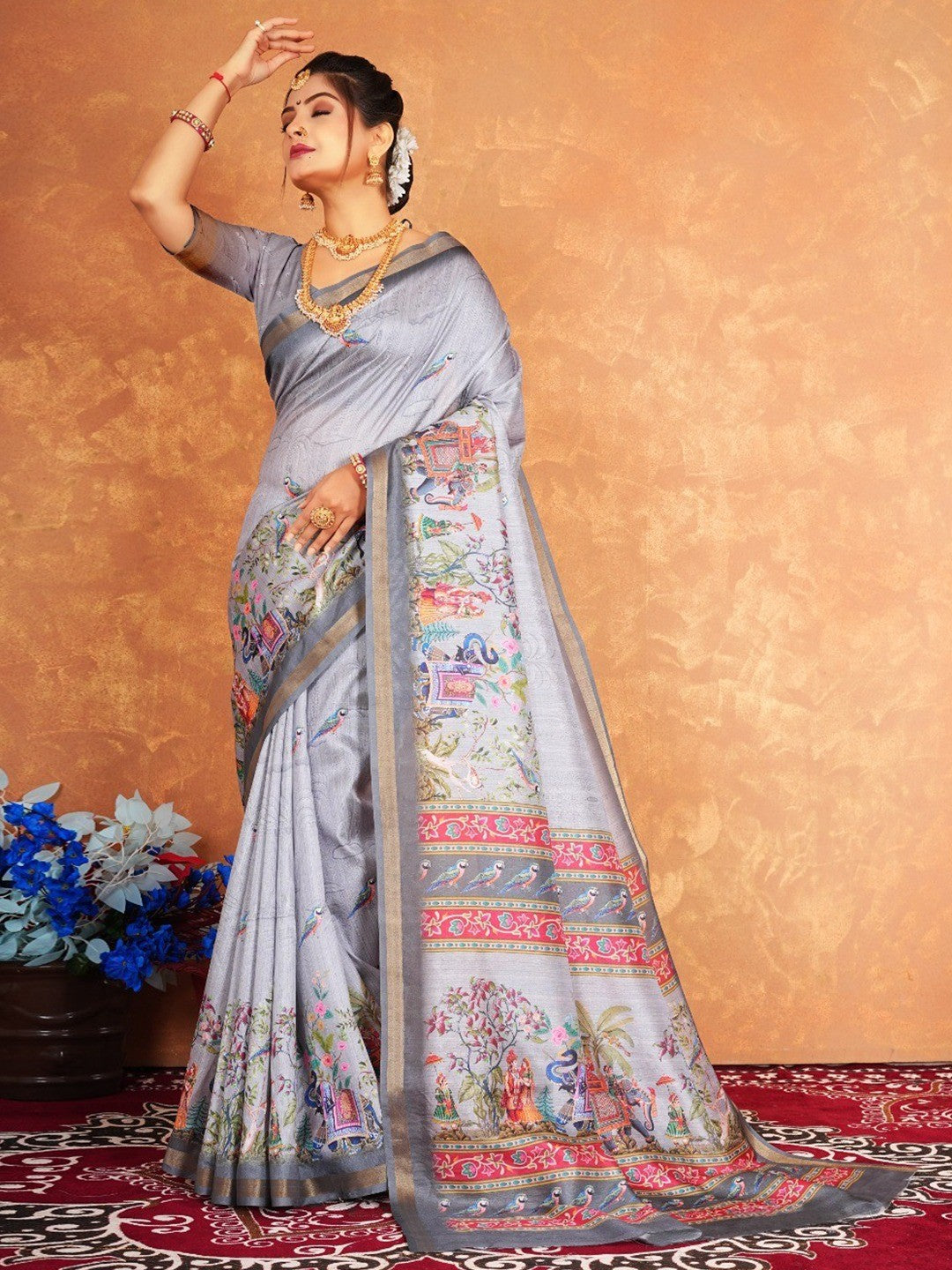 Traditional Grey Elephant & Floral Heritage Digital Printed Dola Silk Saree With Zari Border - Image 3