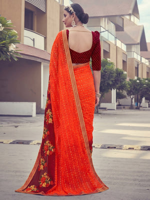 Orange - Maroon Floral Embroidered With Foil Printed Chiffon Half & Half Saree - Image 1