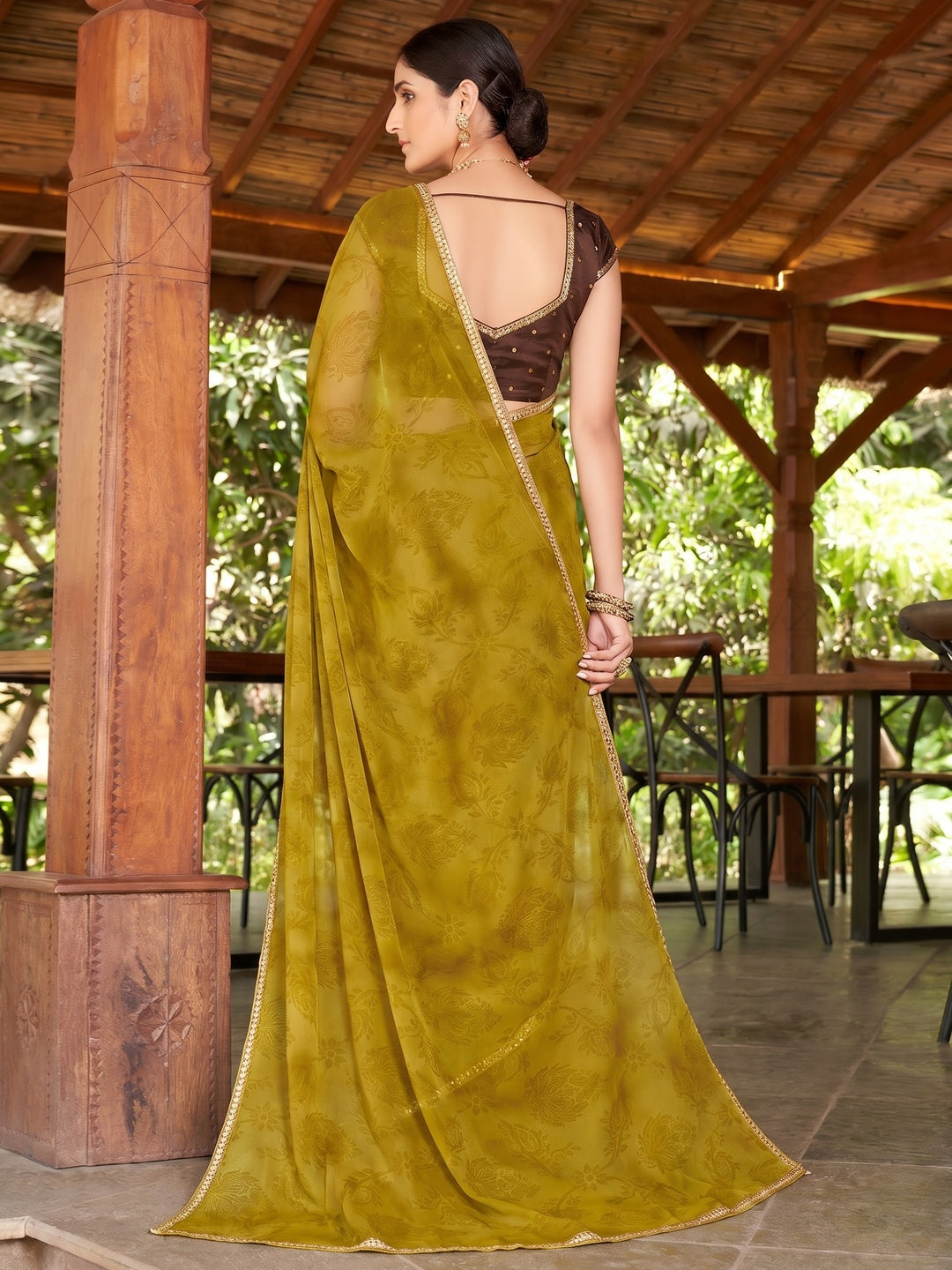 Olive Green Printed With Sequins Embroidered Border Georgette Saree - Image 1