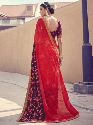 Pink - Wine Floral Embroidered With Foil Printed Chiffon Half & Half Saree - Image 1