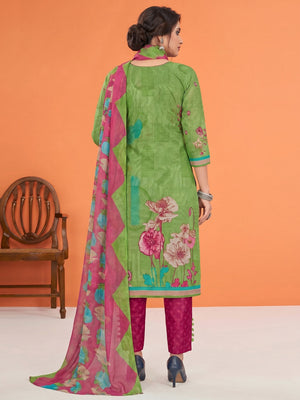 Green Printed Cotton Blend Dress Material - Image 1