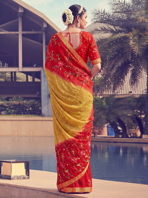 Mustard - Red Floral Embroidered With Foil Printed Chiffon Half & Half Saree - Image 1